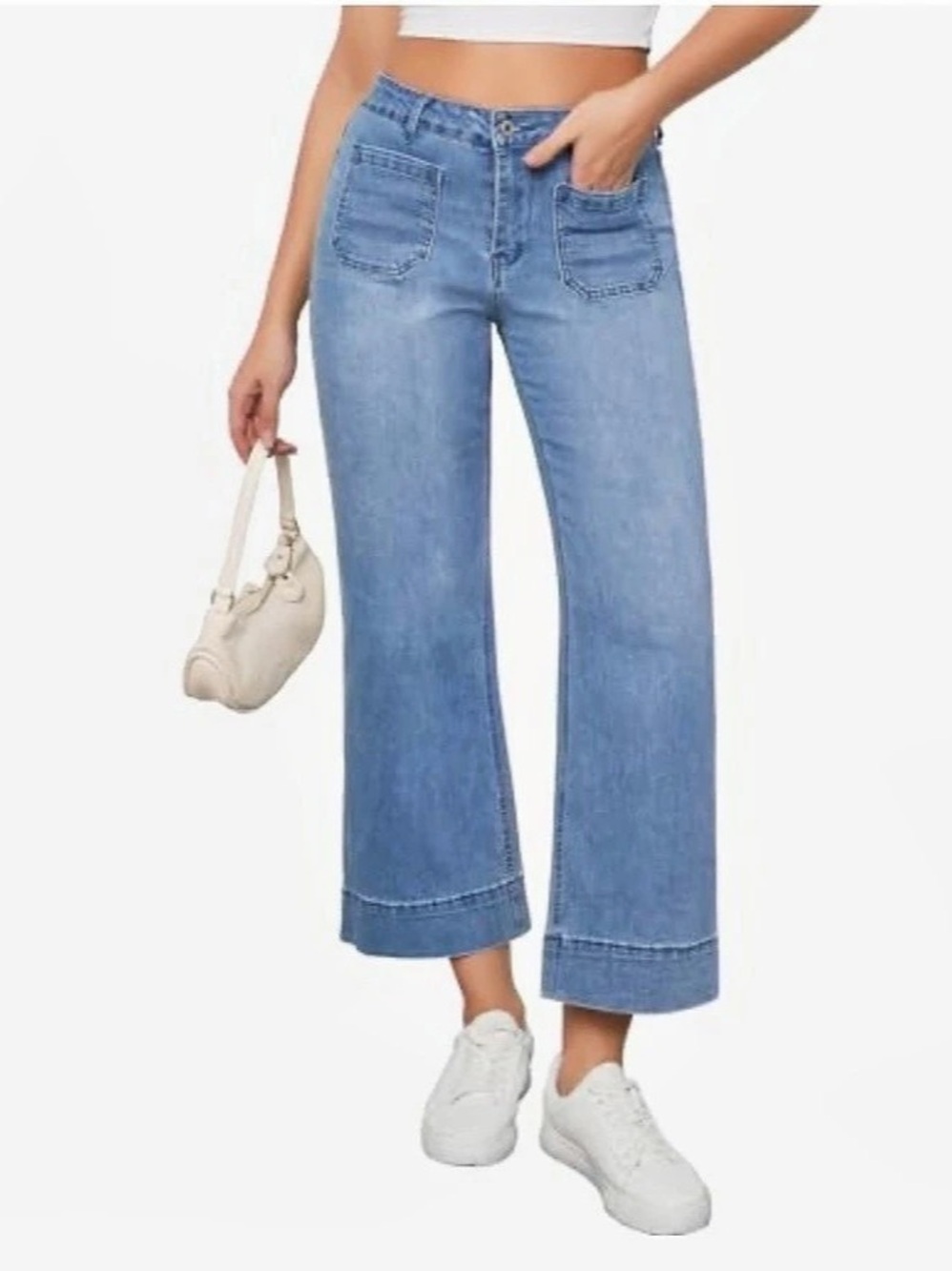Vetinee Wide Leg High Waist Front Patch Pocket Cropped Jeans Size S